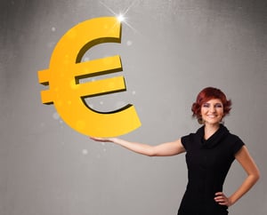 Beautiful young girl holding a big 3d gold euro sign-1